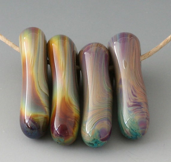 Streaky Drops - (4) Handmade Lampwork Beads - Russet, Purple, Green