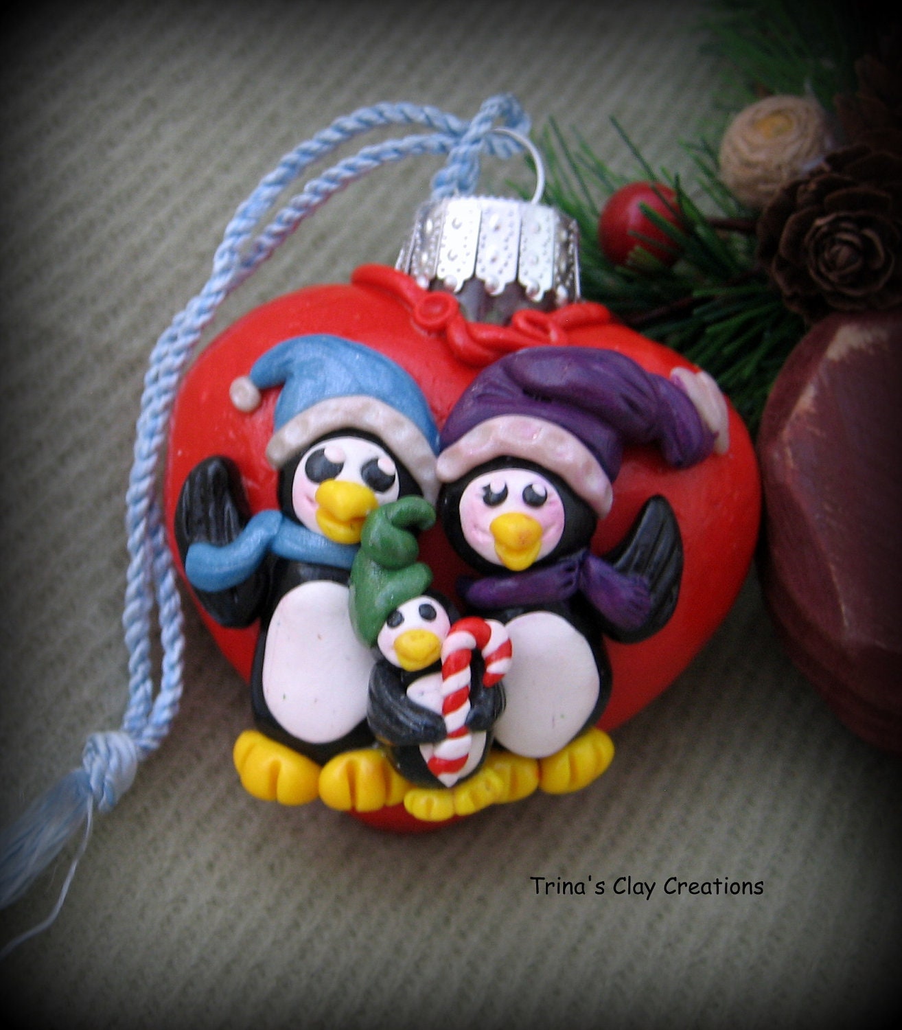 Penguin Family Christmas Ornament, Polymer Clay Ornament, Penquin