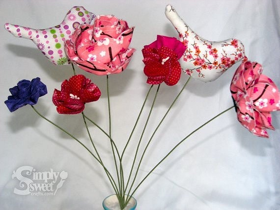 Fabric Flowers and Fabric Birds bouquet. Flower Arrangement. 6 flowers and 2 fabric birds. Delicate Purple, Red and Pink flowers