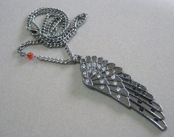 Pendant Black WIng with Red Czech Glass Bead Necklace