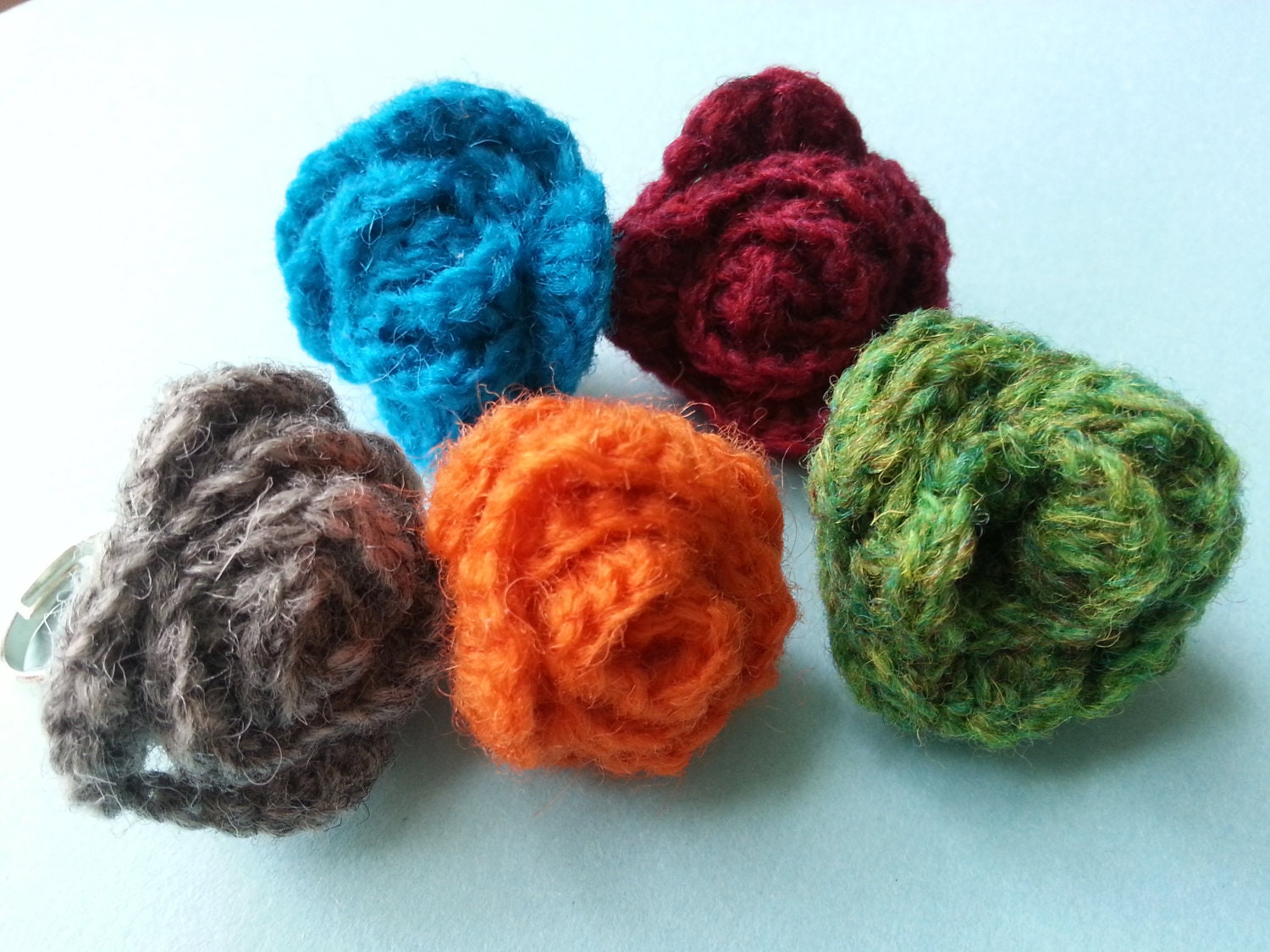 Crochet Rose Rings- Blue, Gray, Green, Red, Orange. Handmade, FREE UK POSTAGE