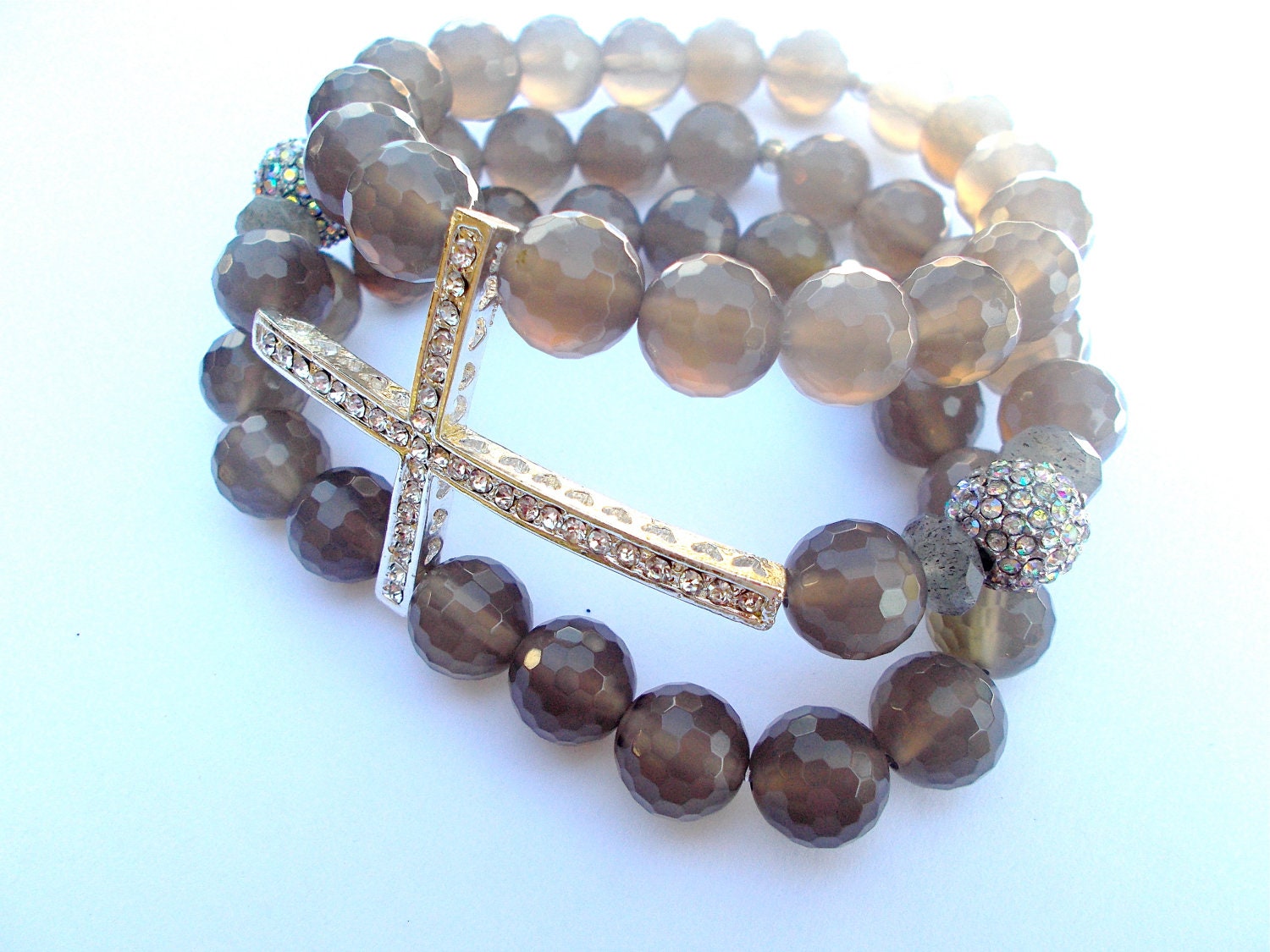 Triple Strand Cross bracelet, Statement Jewelry, Christian, grey agate - grey gemstone