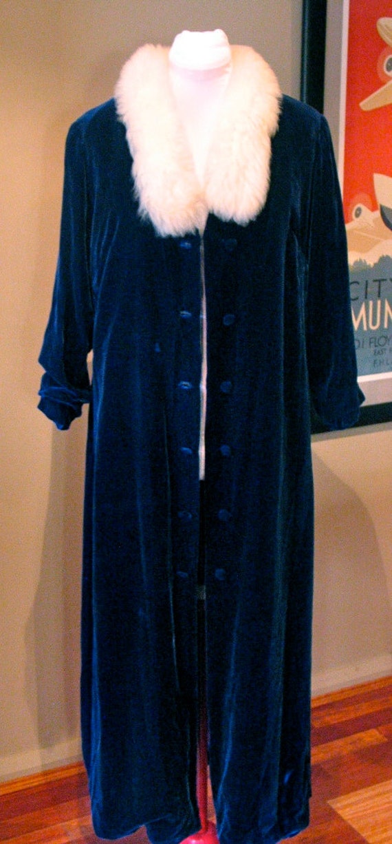 Vintage 1940s Blue Velvet Evening Coat with Faux Fur - AS IS