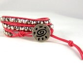 Leather Wrap Bracelet, Tribal Design, Pink Jewelry, Nugget Bracelet, Available in All Colors