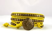 Leather Wrap Bracelet, Yellow and Bronze with a Tribal closure, Yellow Bracelet, Leather Jewelry, All Sizes, All Colors
