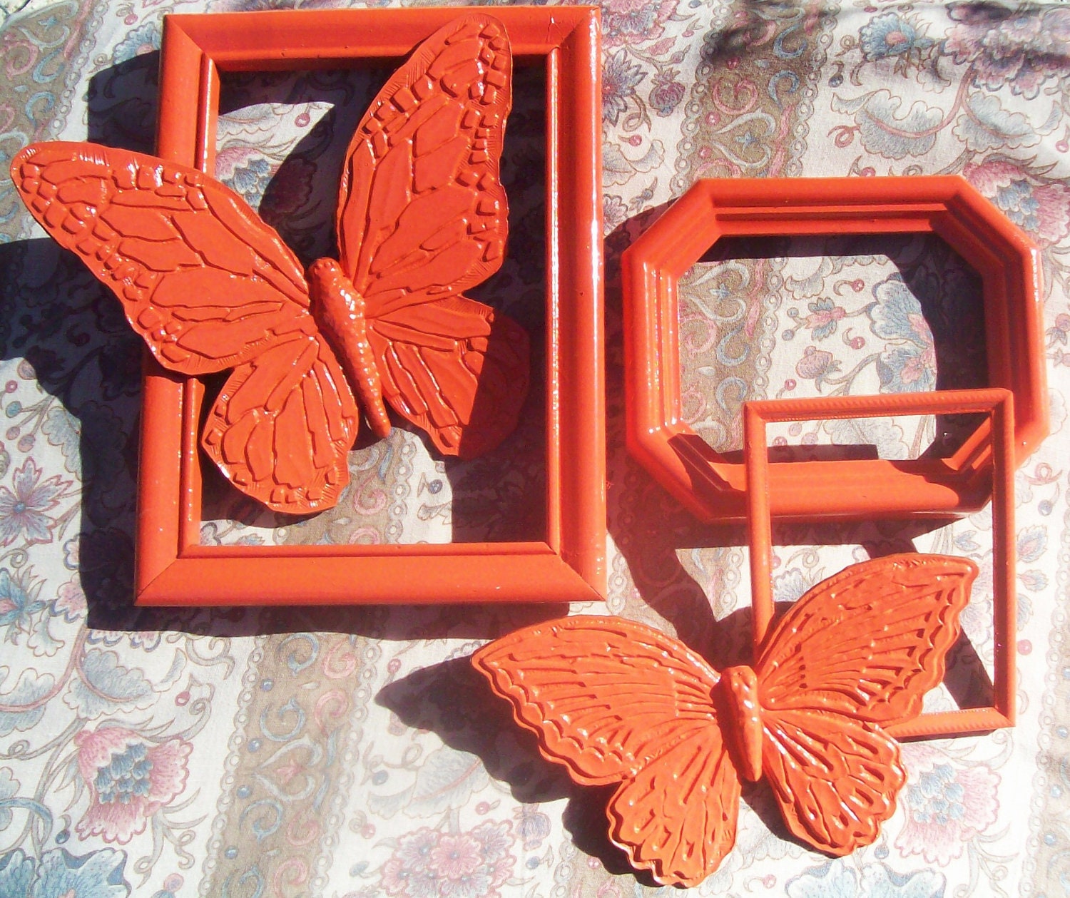 Retro orange picture frames set of 3 with matching orange butterflies set of 2 upcycled recycled painted