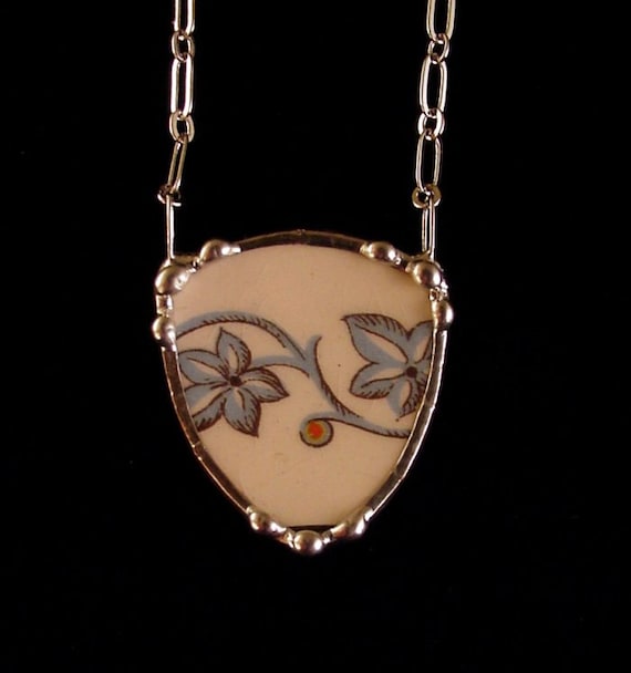 Antique ivy English Transferware shield shaped broken plate broken china jewelry necklace