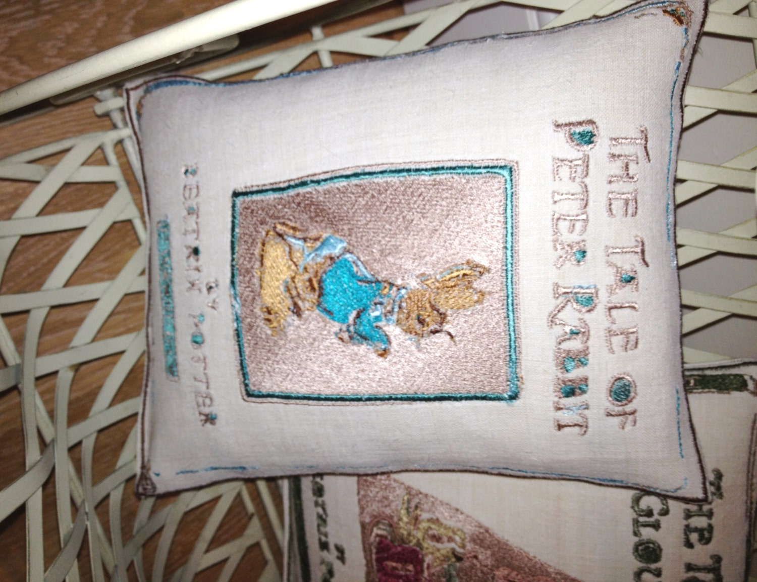 The Tale of Peter Rabbit, Beatrix Potter Artistic Embroidery Cushion Throw - Vintage Linen