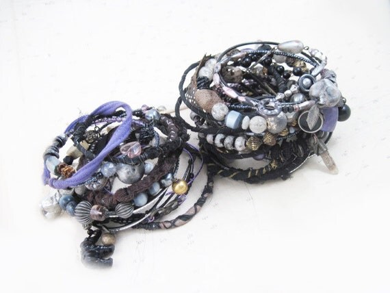 Choose the Unknown. Tribal Gypsy Assemblage Bangle Stack in black grey and purple..