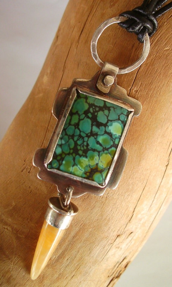 Necklace - Sterling Silver - Turquoise and Aragonite - Cabochon - Bullet -Bezel - Silversmith - Leather - RMD Designs