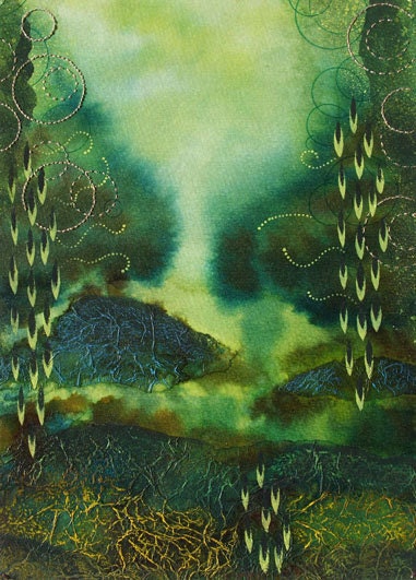 Watercolor, Original OOAK Abstract Green Painting,Through the Willows