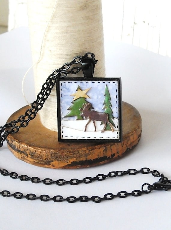 Winter Moose Necklace Paper Jewelry Black Silver Maine Fashion