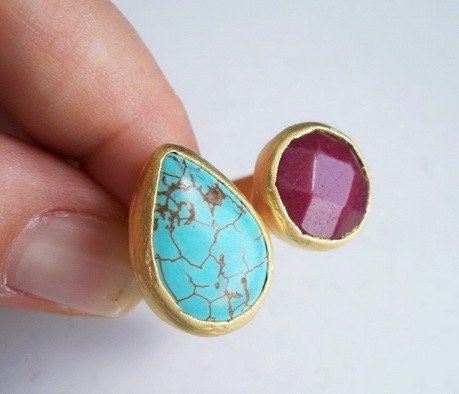 TURQUOISE AND RUBY DUAL RING BY ANTIQUE STYLE COLLECTION
