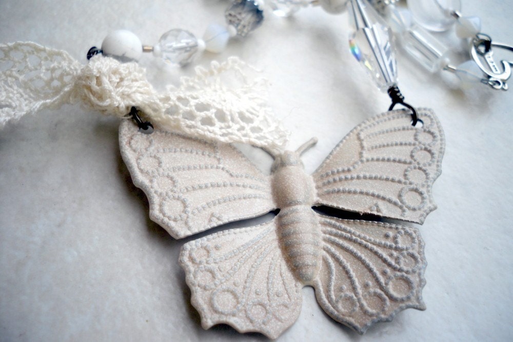 Repurposed Mixed Media Creme Metal Butterfly Necklace - Free US Shipping