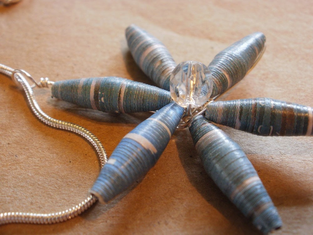 Blue Paper Bead Flower Necklace