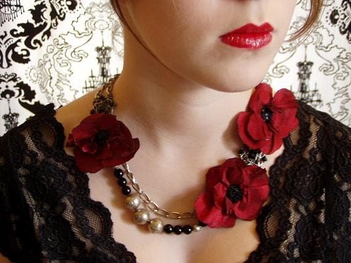 Gorgeous Asymmetrical Red Poppies Upcycled Necklace