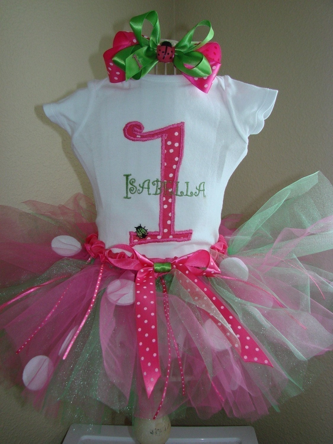 Ladybug Birthday Tutu Outfit Pink and green monogram name, Boutique bow, head band, Great for 1st 2nd 3rd Birthdays long or short sleeves