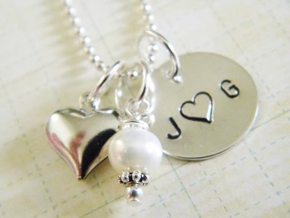 Sterling Silver Hand Stamped Disc with Silver Puffy Heart and Pearl Charm Necklace