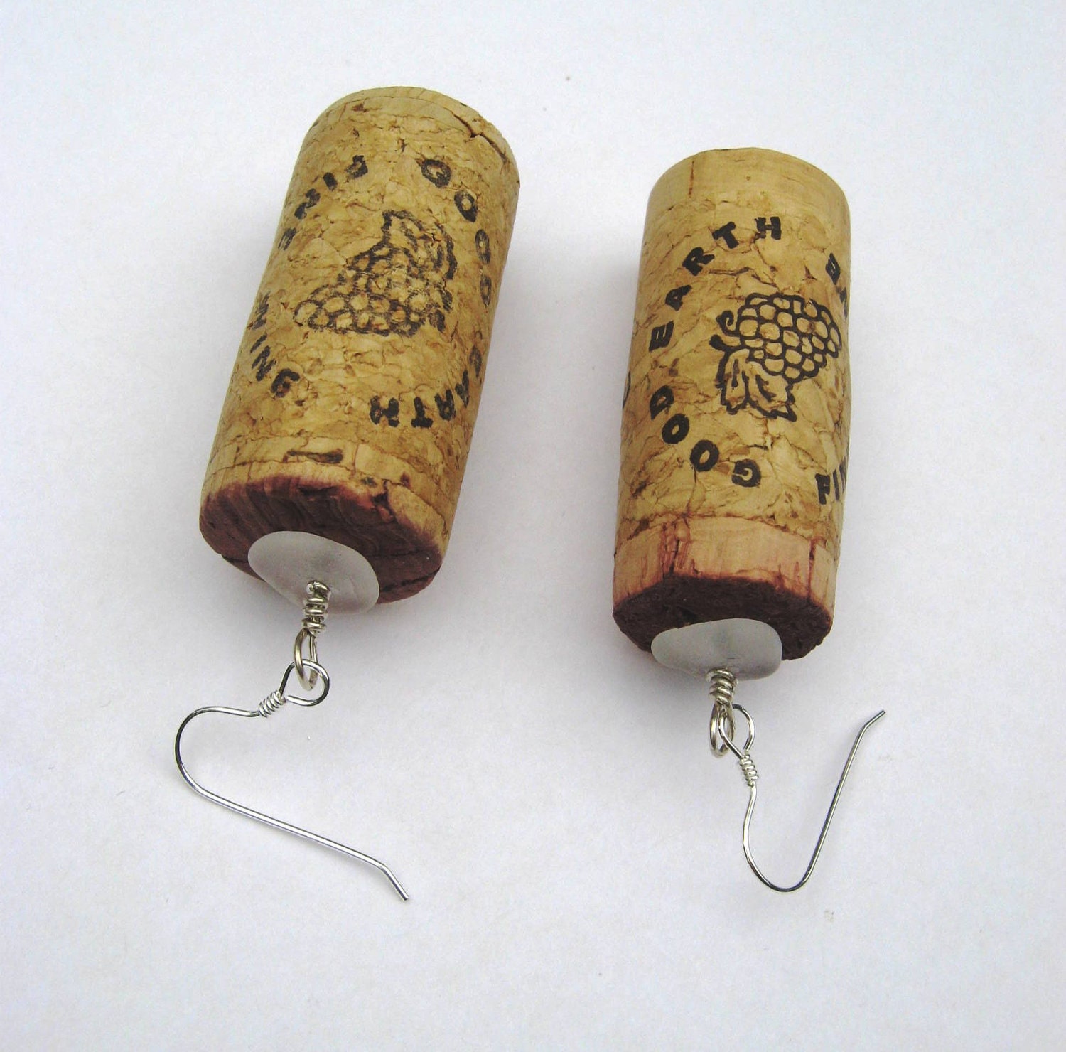 Whole Wine Cork Earrings with Sea Glass and Sterling Silver