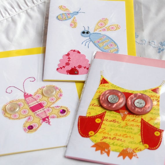 The Birds and the Bees.  Set of 3 stitched cards