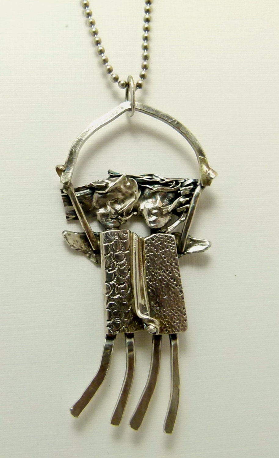 Angels Margo and Mia Embrace To Fly - Re-purposed Sterling Silver And PMC - Pendant - 520