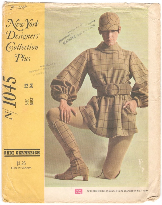 1960s Rudi Gernreich  windowpane check minidress with matching cap and boots modelled by Peggy Moffitt - McCall's 1045