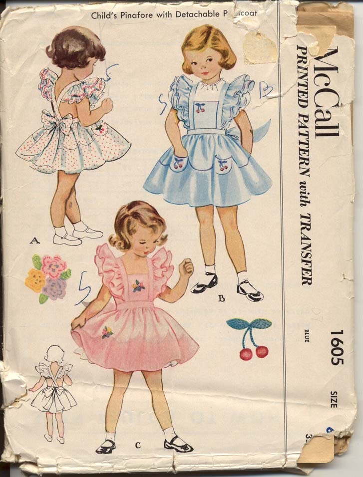 McCall 1605 Girls 1950s Ruffled Shoulder Pinafore Dress Detachable Petticoat Childrens Vintage Sewing Pattern Breast 24 UNCUT