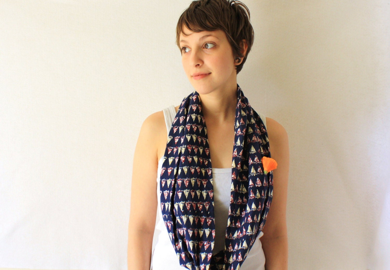 Circle Scarf- Upcycled, Navy Blue, Sail Boats, Nautical, Spring Fashion, Infinity Scarf, Loop Scarf,