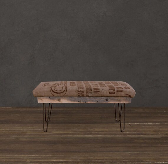 4' Coffee Sack Burlap Bench created from reclaimed wood set on 13" steel hairpin legs. (Buyer only charged actual shipping cost)