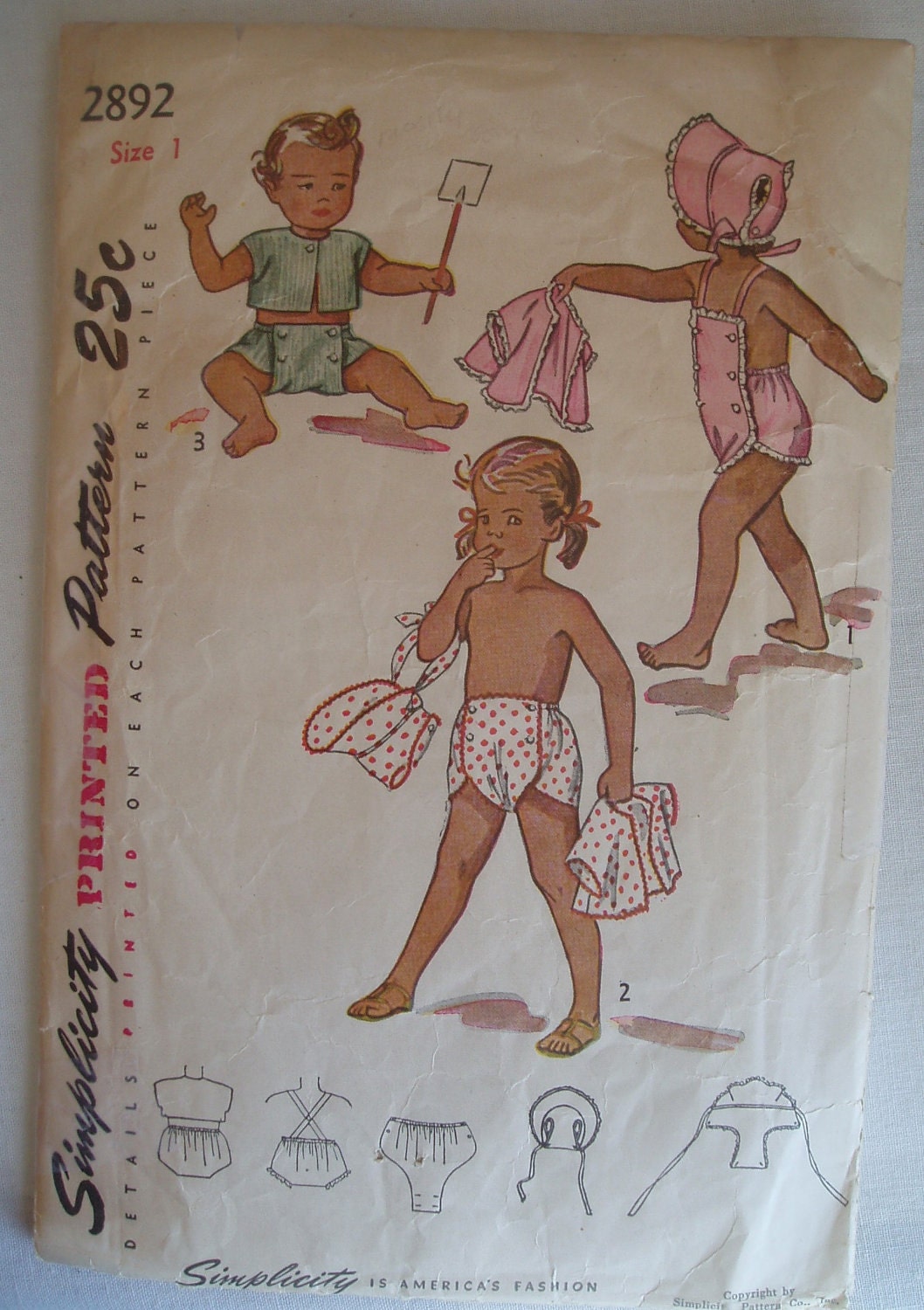 Adorable vintage 50's 60's Simplicity Pattern 2892 Infant Toddler Child Playsuit Bonnet Shorts Size 1