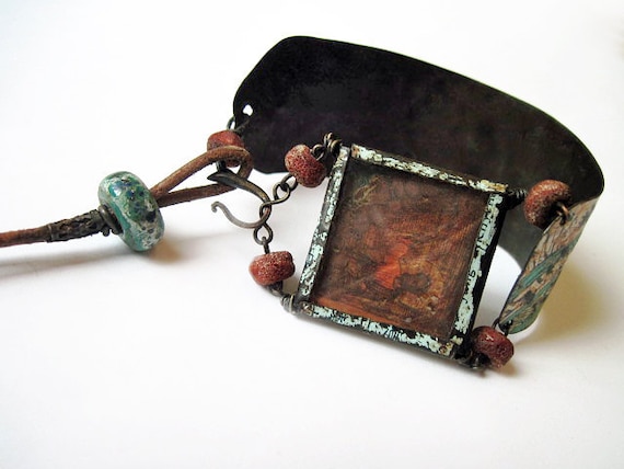 Manus Dei. Victorian Gypsy Recycled Rustic Tin Cuff Leather Stamp.