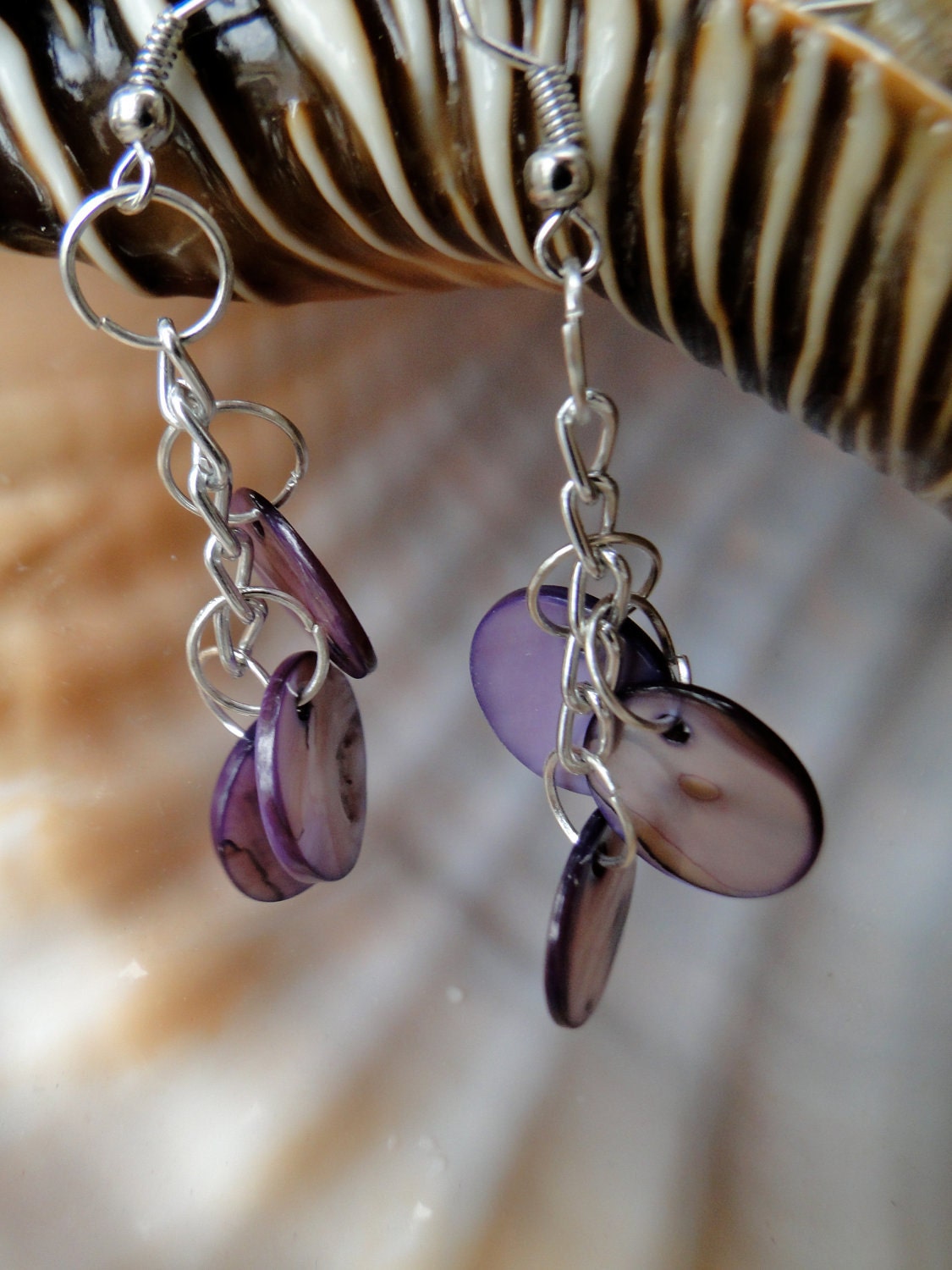 Jamaican Iridescent Purple Dangle Shell Earrings - 2 1/2 inch Dangle Earrings - Mother of Pearl