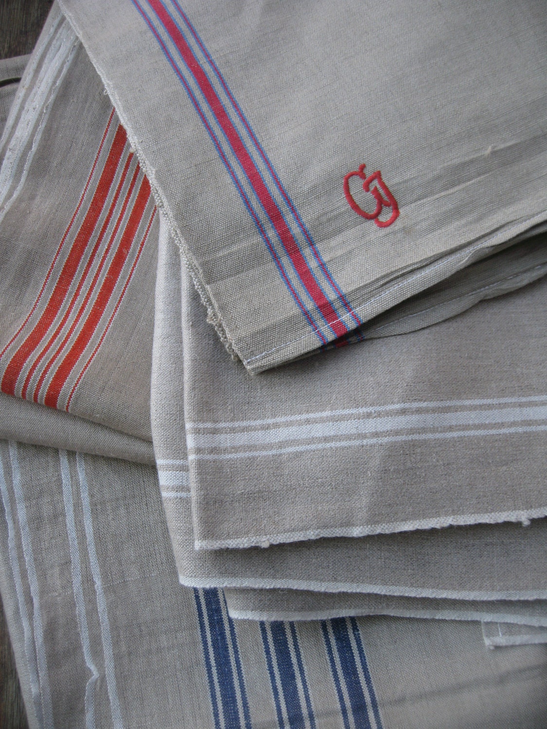 Vintage European Monogrammed Linen Tablecloth with blue and red stripes