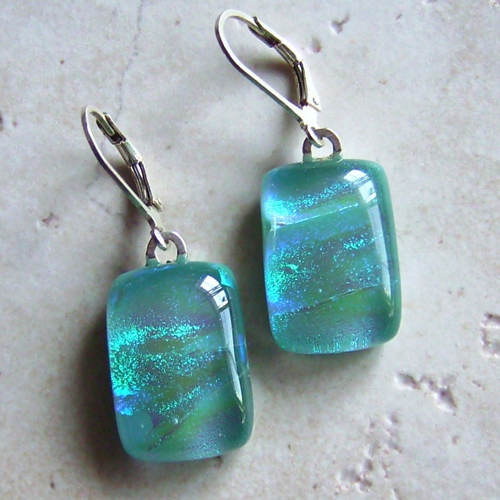 Carribean Sea Fused Glass Dichroic Earrings  with Sterling Silver