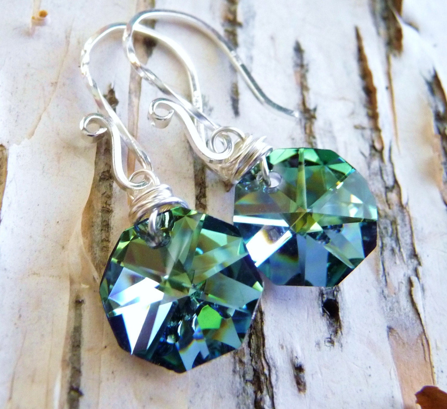 Handmade Vitrail Sea Green and Blue Crystal  Octagon Briolette Drop Sterling Silver Earrings