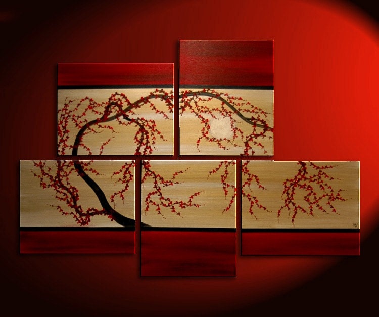 56x40 HUGE Custom Huge Gnarly Plum Tree Painting Original Asian Style Modern Abstract Art Red and Gold Textured Large Five Canvases
