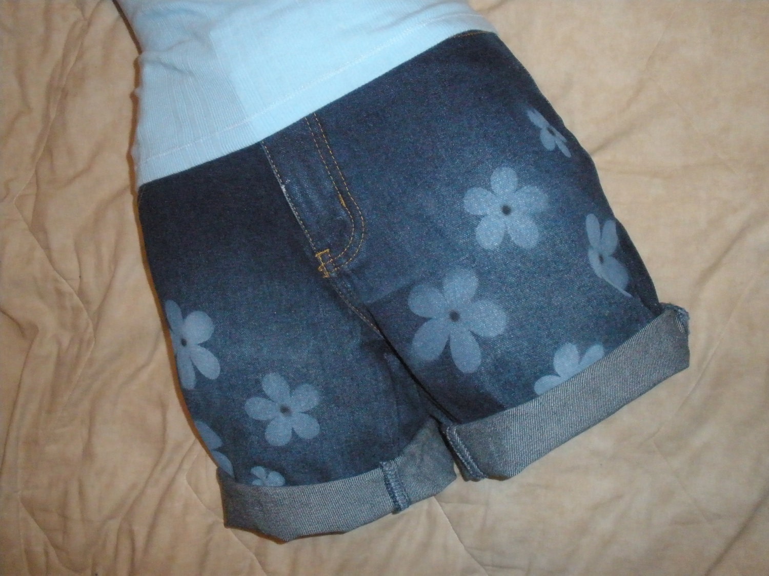 Cute Cut Off Denim Shorts with Painted on Daisies Size
