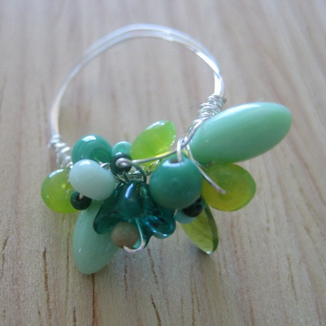 Green Paper Cranes - wire-wrapped ring