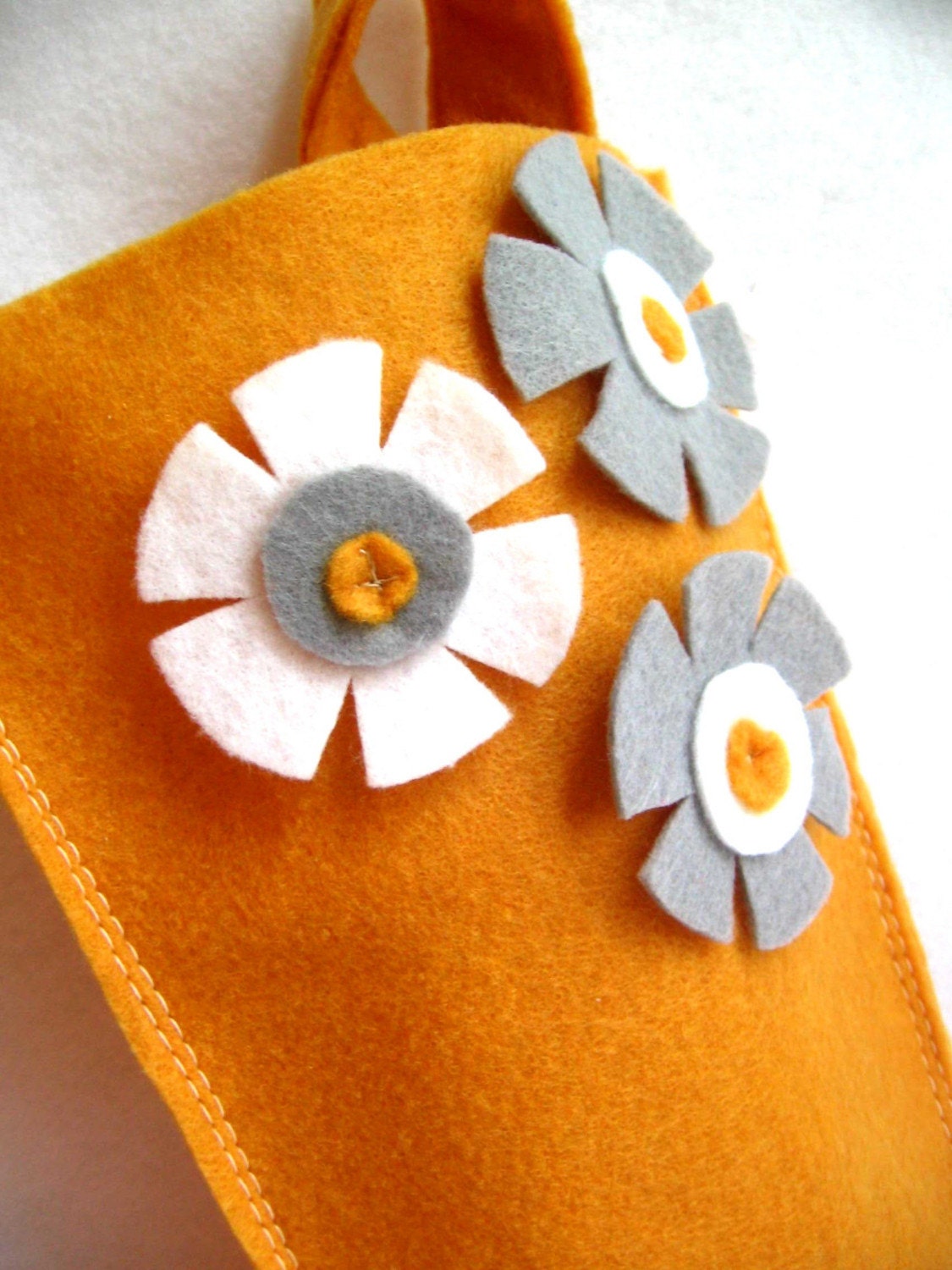 eco deal... rikrak Christmas...golden mustard with grey / gray and white felt stocking