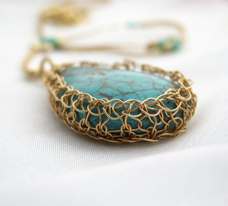 Crochet Wire Necklace 14K Gold filled Frame around Turquoise Drop stone